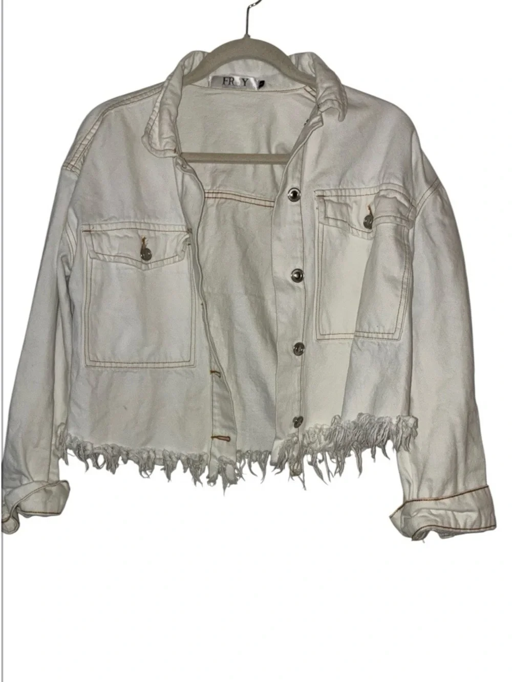 Fray white denim jacket featuring raw fringe bottom hem. Sz S